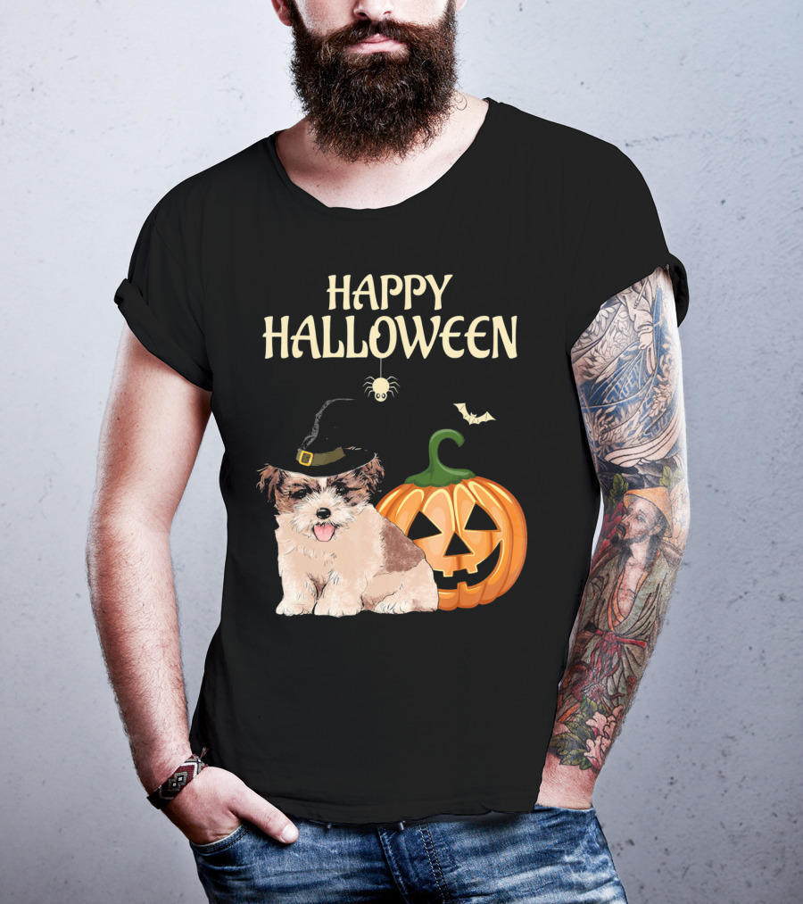 Happy Halloween Shih Tzu With Pumpkin And Witch Hat T-Shirt