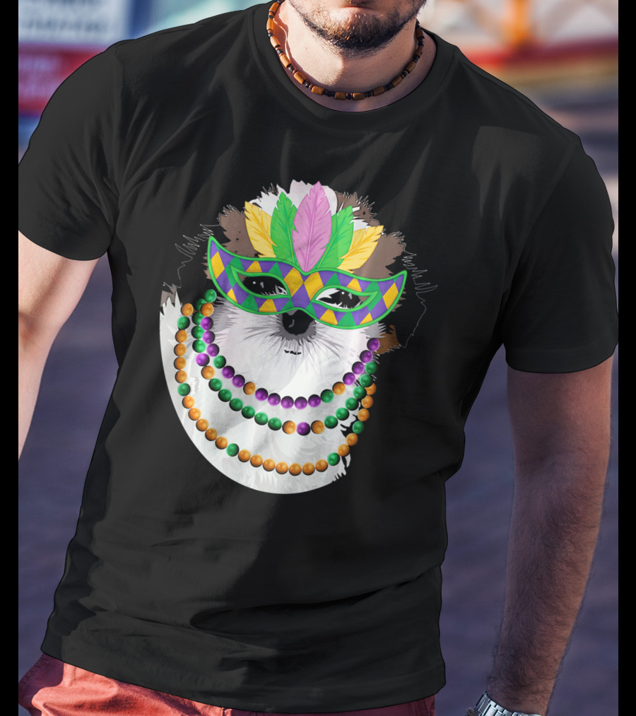 Funny Shih Tzu Mardi Gras Beads Necklace Mask With Colorful Feathered Mask T-Shirt