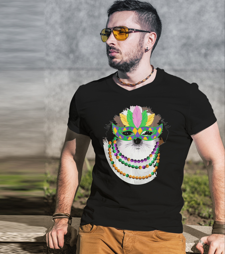 Funny Shih Tzu Mardi Gras Beads Necklace Mask With Colorful Feathered Mask T-Shirt