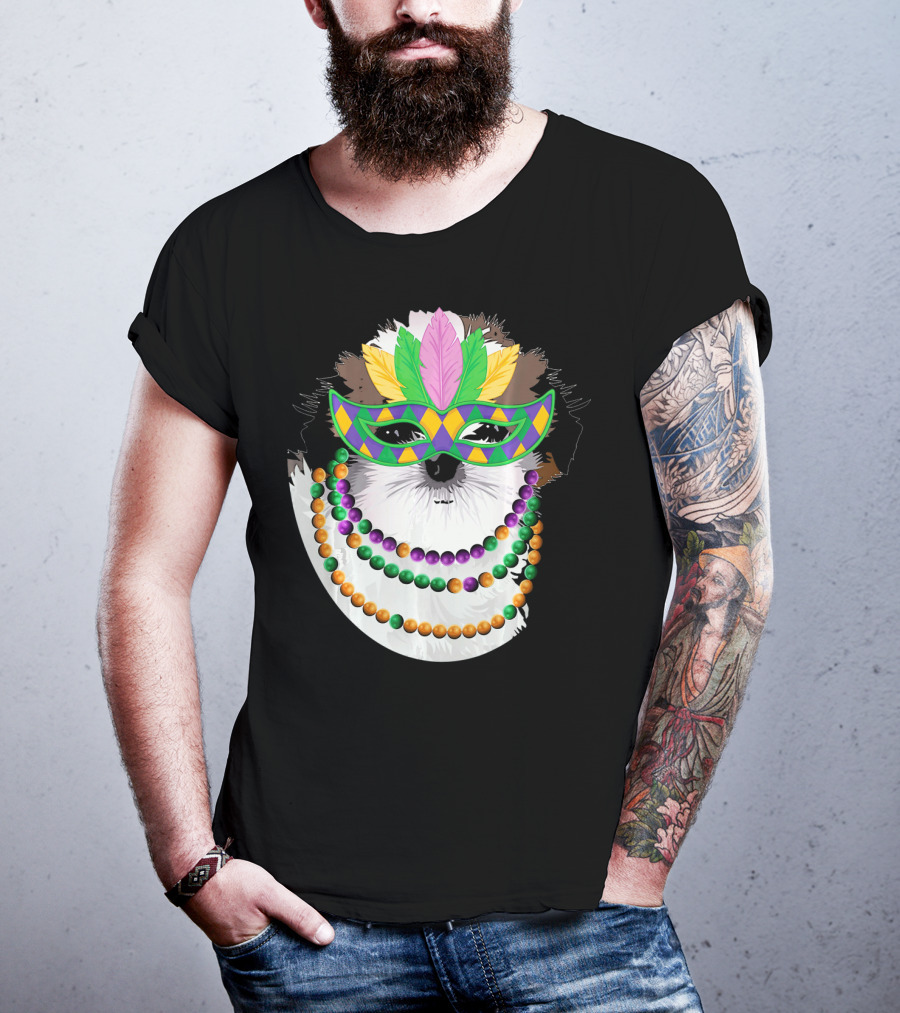 Funny Shih Tzu Mardi Gras Beads Necklace Mask With Colorful Feathered Mask T-Shirt