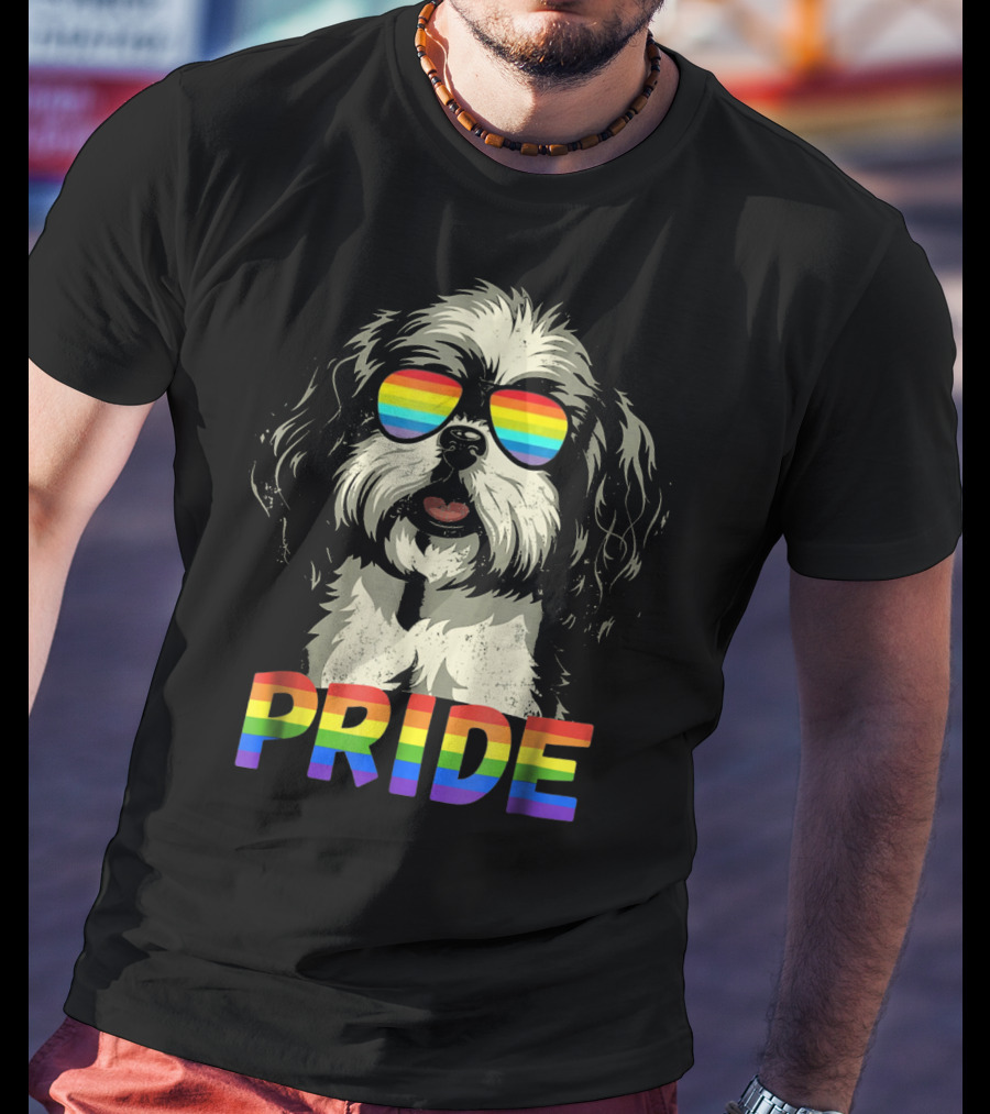 Pride Shih Tzu With Gay Pride Flag Sunglasses For Dog Lovers T-Shirt