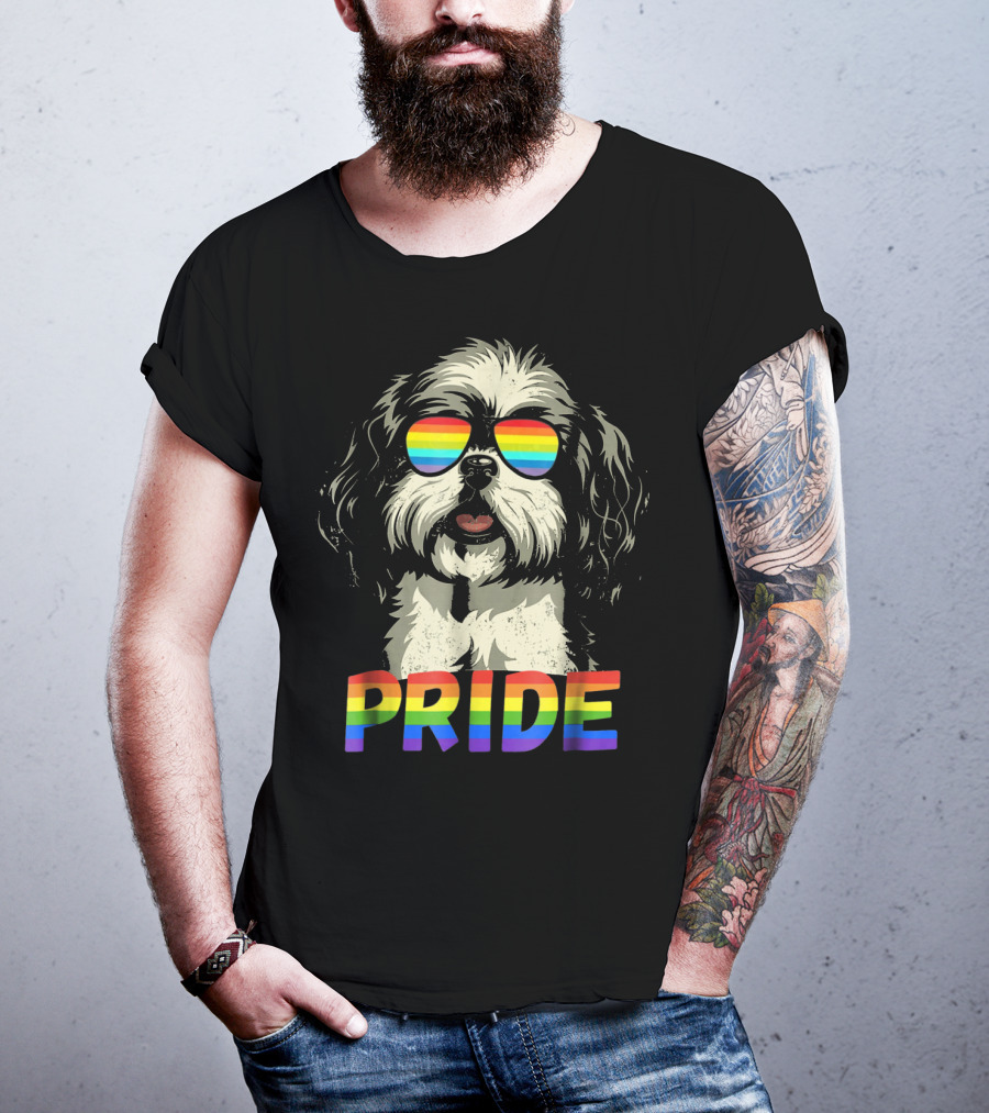 Pride Shih Tzu With Gay Pride Flag Sunglasses For Dog Lovers T-Shirt