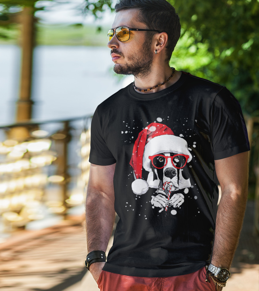 Great Dane Licking Candy Cane With Santa Xmas Hat And Red Glasses Snowflakes T-Shirt