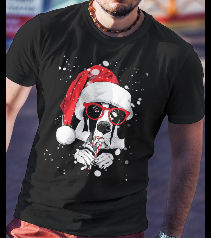 Great Dane Licking Candy Cane With Santa Xmas Hat And Red Glasses Snowflakes T-Shirt