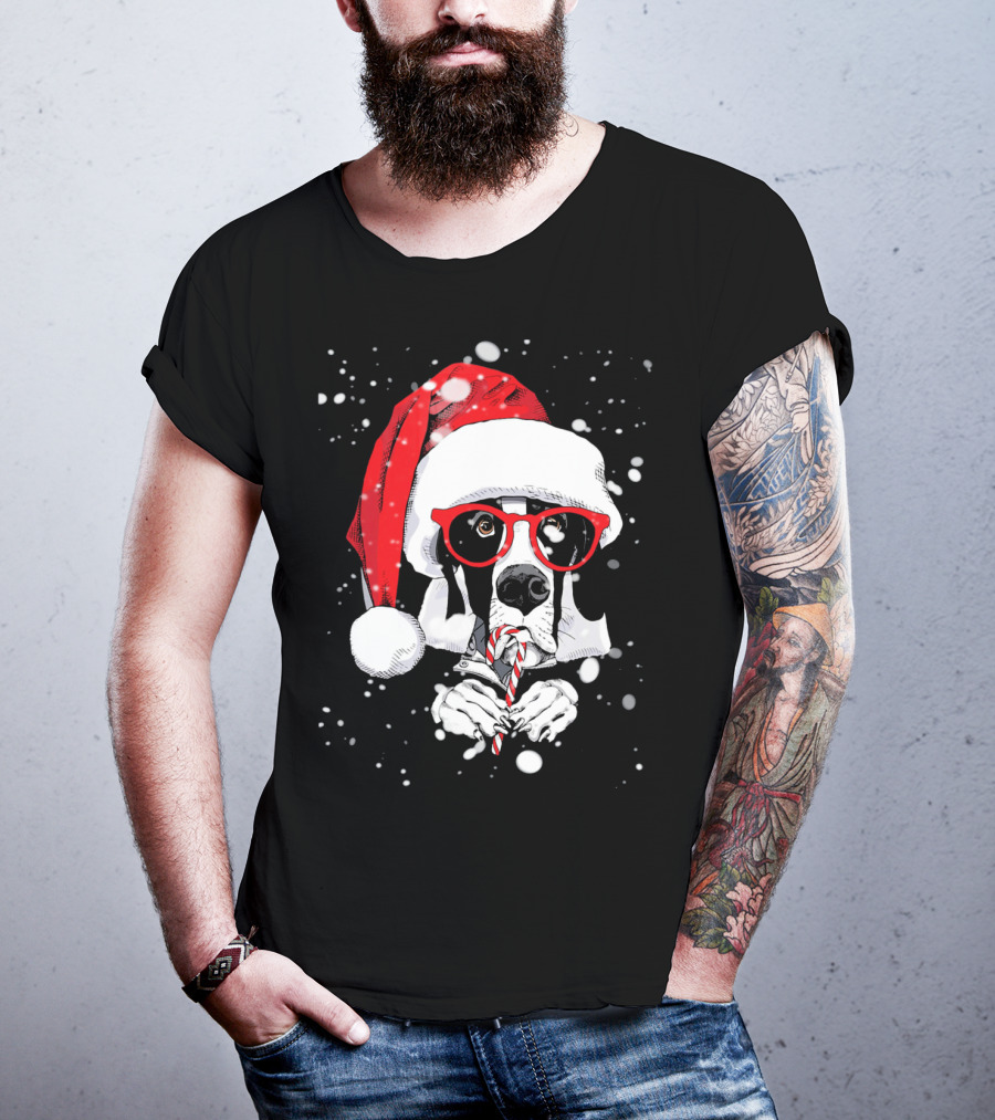 Great Dane Licking Candy Cane With Santa Xmas Hat And Red Glasses Snowflakes T-Shirt