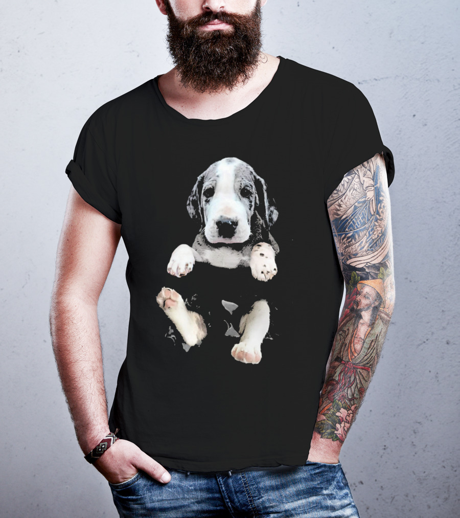 Great Dane Puppy Peeking Out Of Pocket T-Shirt