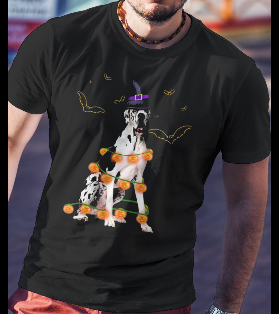 Great Dane Witch Hat Pumpkin Lights Bats Halloween Kids Funny T-Shirt