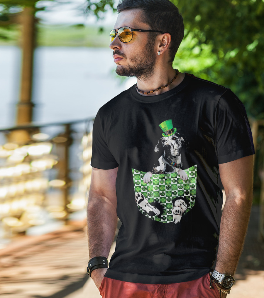 Great Dane In Pocket With Green Shamrock Patrick Hat T-Shirt