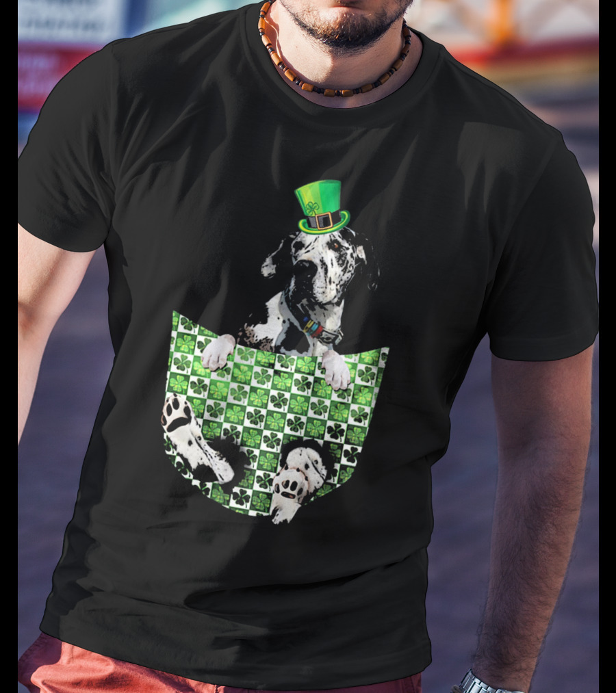 Great Dane In Pocket With Green Shamrock Patrick Hat T-Shirt