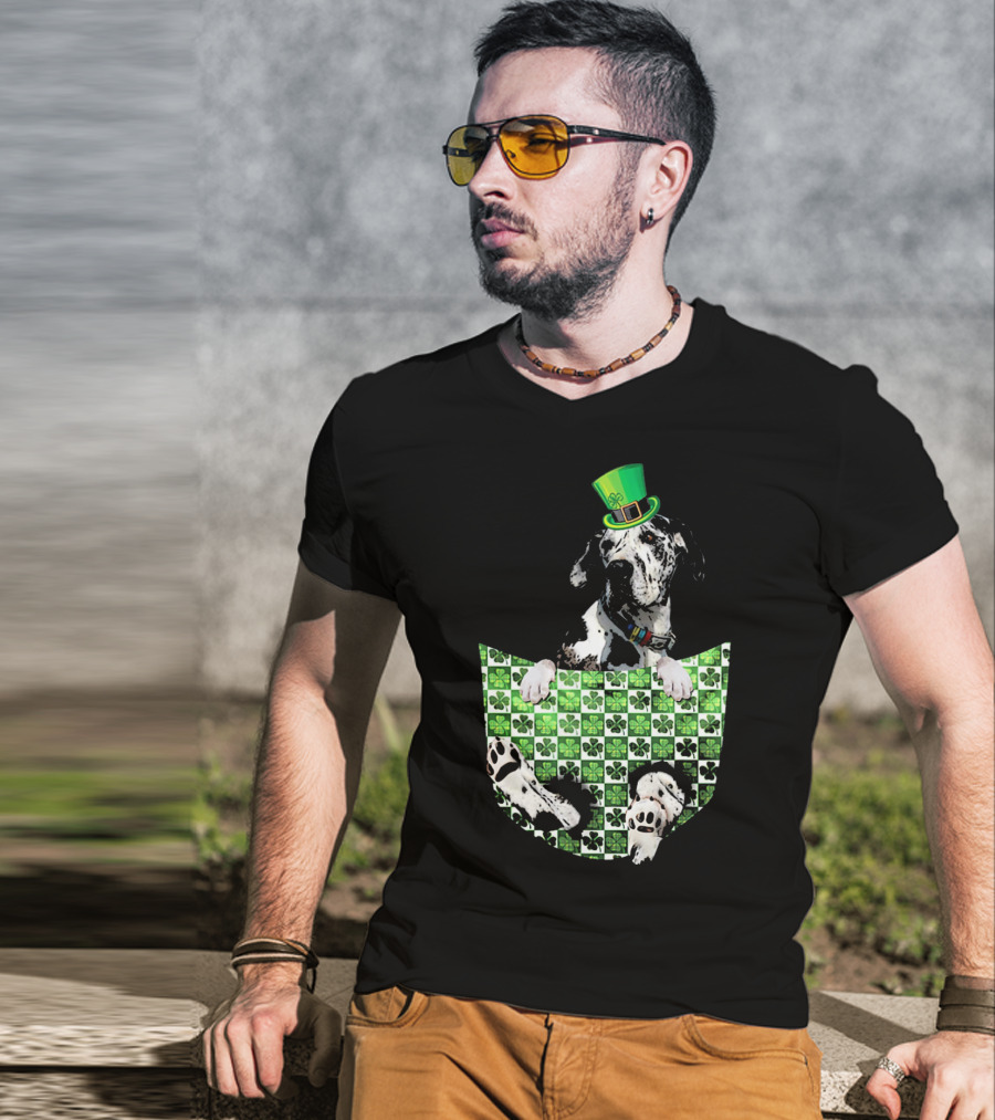 Great Dane In Pocket With Green Shamrock Patrick Hat T-Shirt