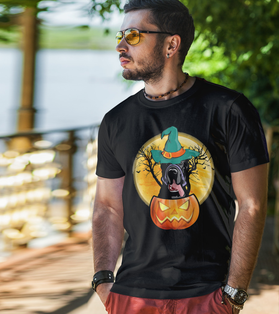 Great Dane Halloween Pumpkin Witch Hat Spooky Scene T-Shirt
