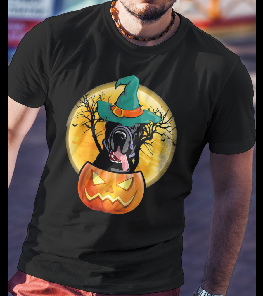 Great Dane Halloween Pumpkin Witch Hat Spooky Scene T-Shirt
