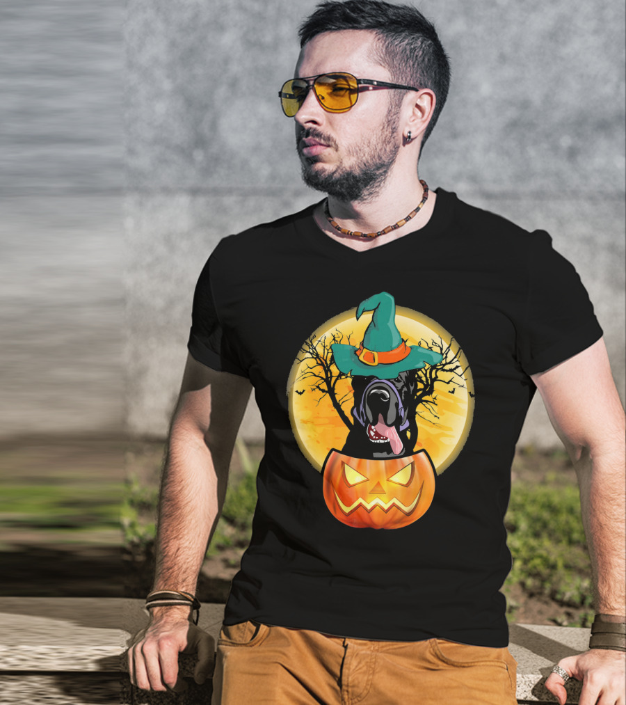 Great Dane Halloween Pumpkin Witch Hat Spooky Scene T-Shirt