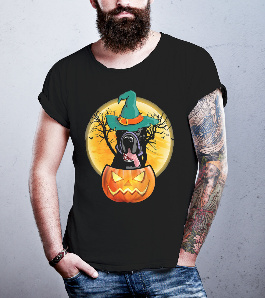 Great Dane Halloween Pumpkin Witch Hat Spooky Scene T-Shirt