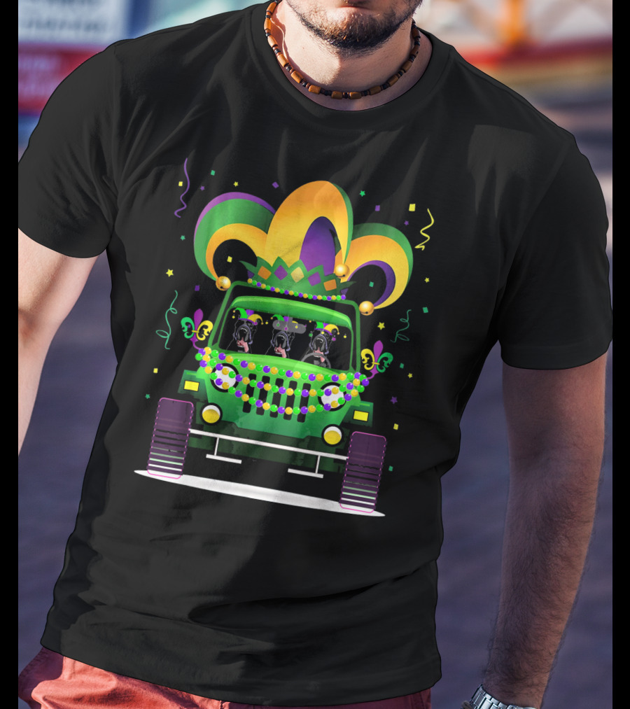 Great Dane Trio In Jeep With Mardi Gras Beads And Hat T-Shirt