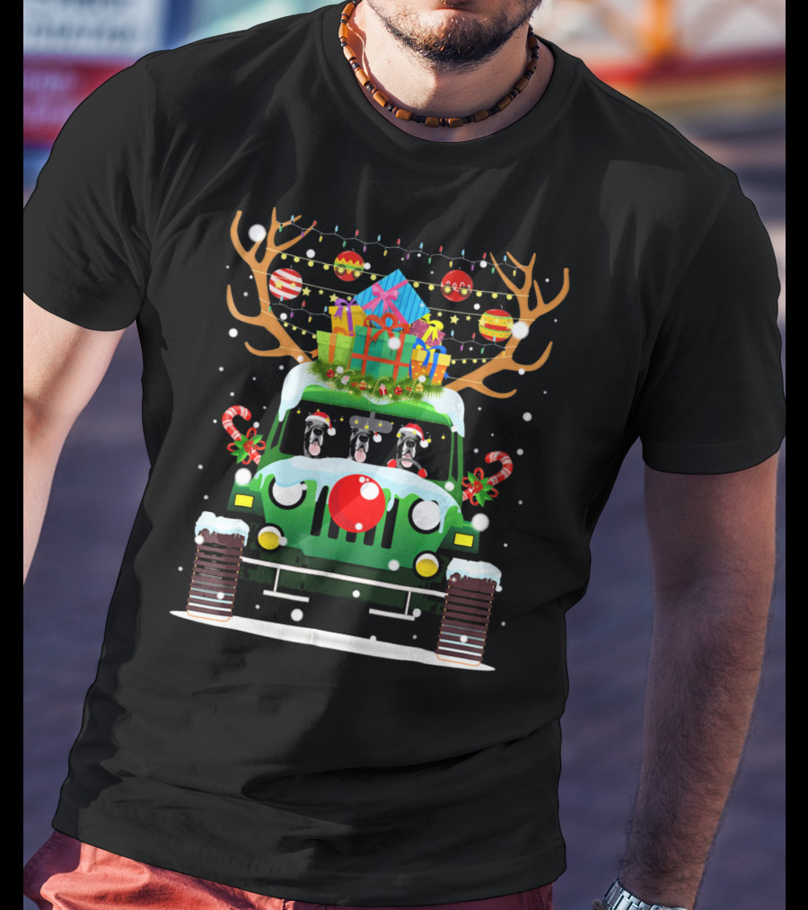 Great Dane Santa Hat Jeep Christmas Reindeer Gift Decorations T-Shirt
