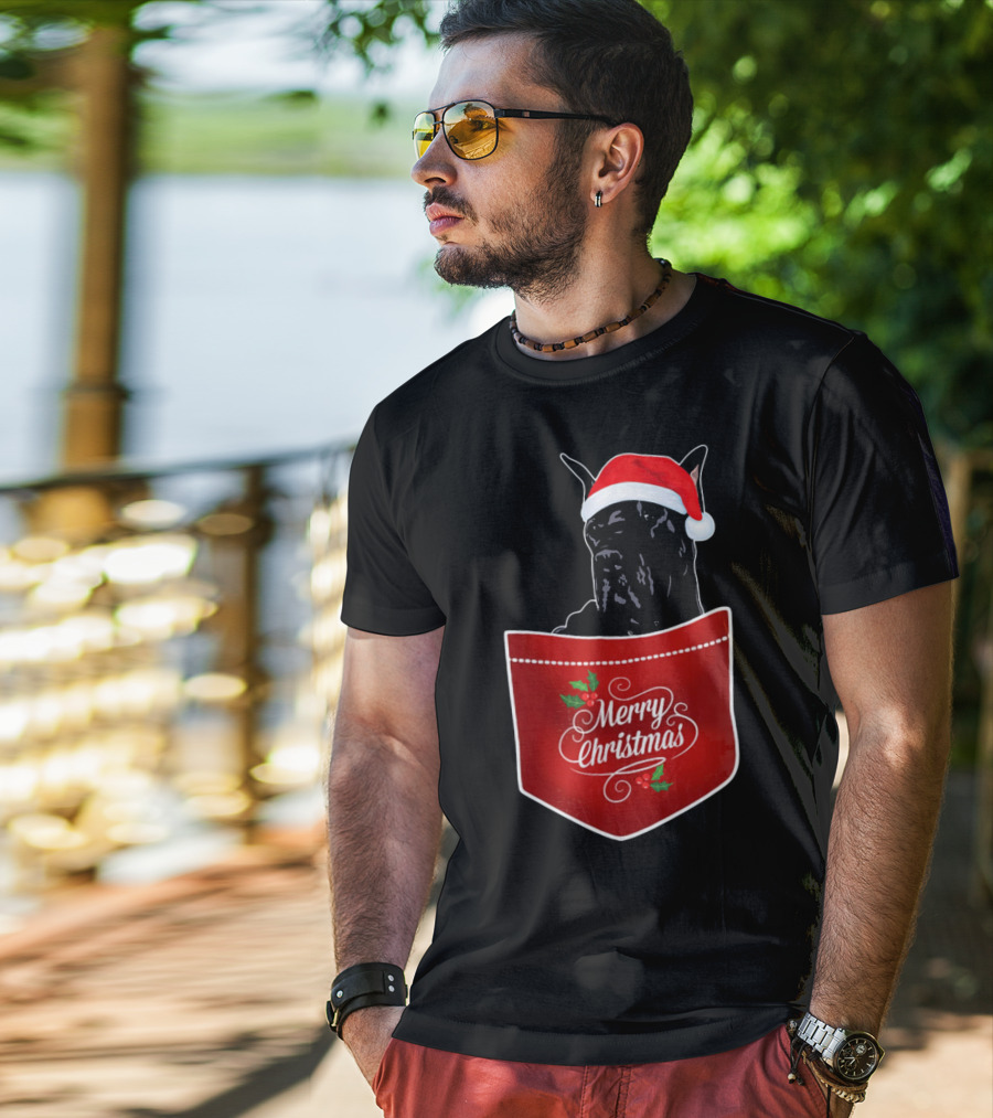 Great Dane In Santa Hat With Merry Christmas Pocket T-Shirt