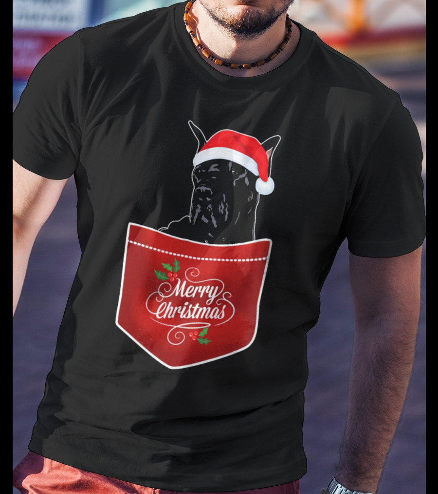 Great Dane In Santa Hat With Merry Christmas Pocket T-Shirt