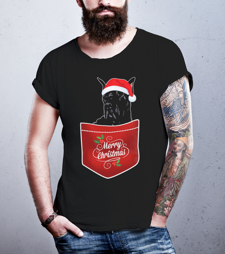 Great Dane In Santa Hat With Merry Christmas Pocket T-Shirt