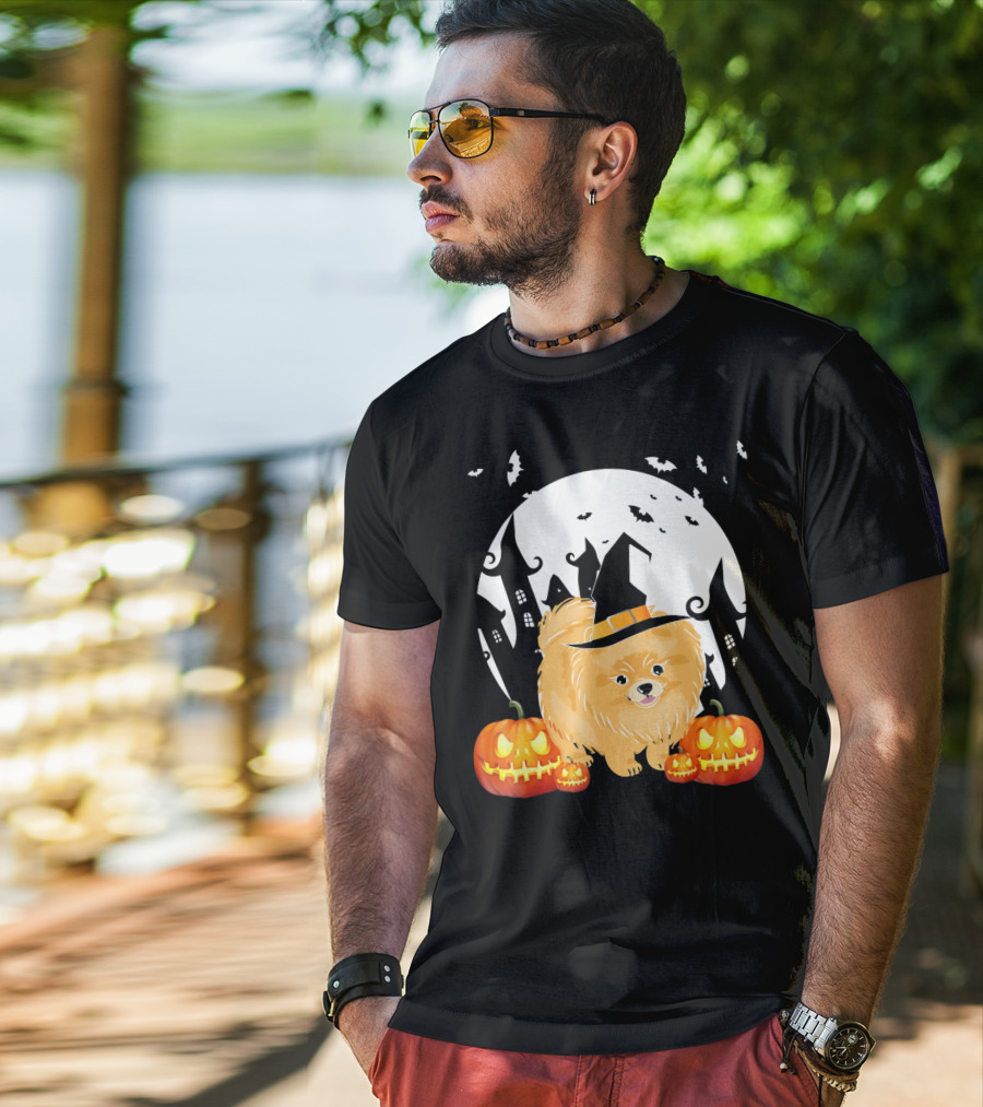 Happy Halloween Little Witch Pomeranian Dog With Pumpkins And Haunted House T-Shirt