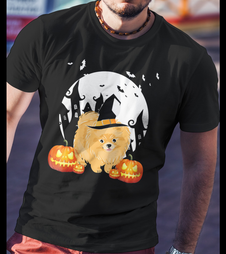 Happy Halloween Little Witch Pomeranian Dog With Pumpkins And Haunted House T-Shirt
