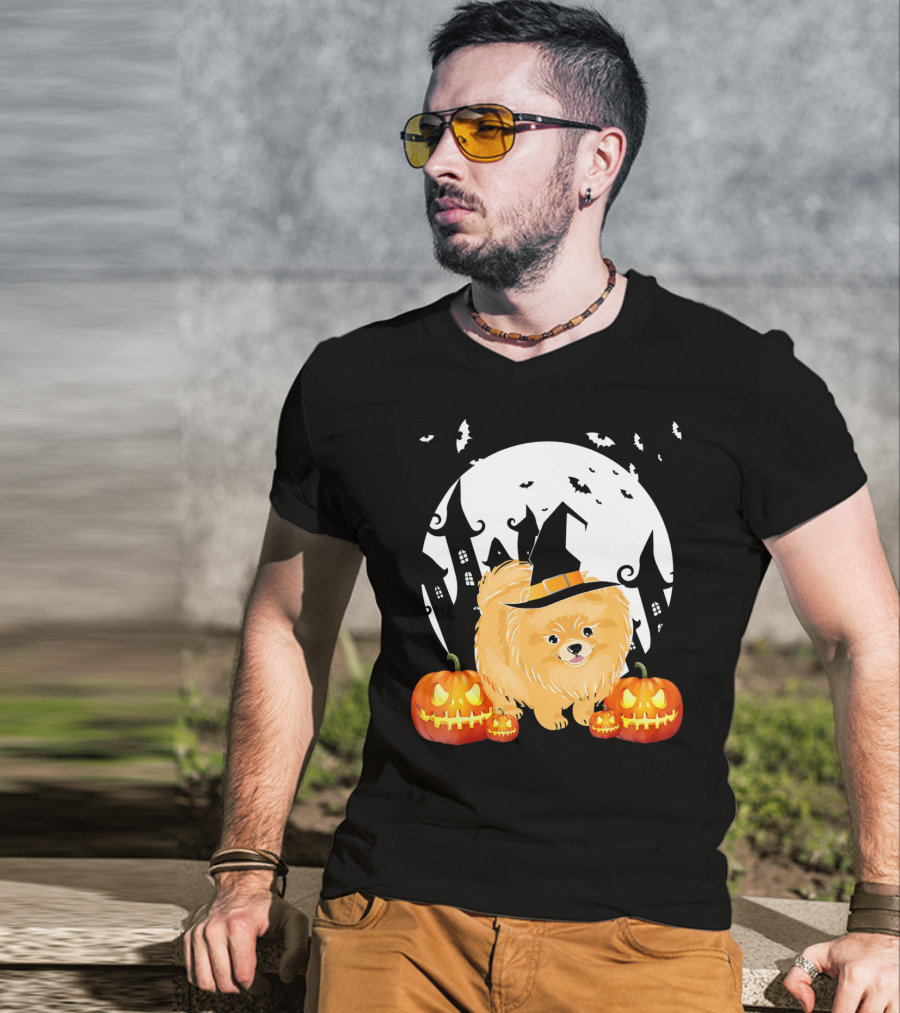 Happy Halloween Little Witch Pomeranian Dog With Pumpkins And Haunted House T-Shirt