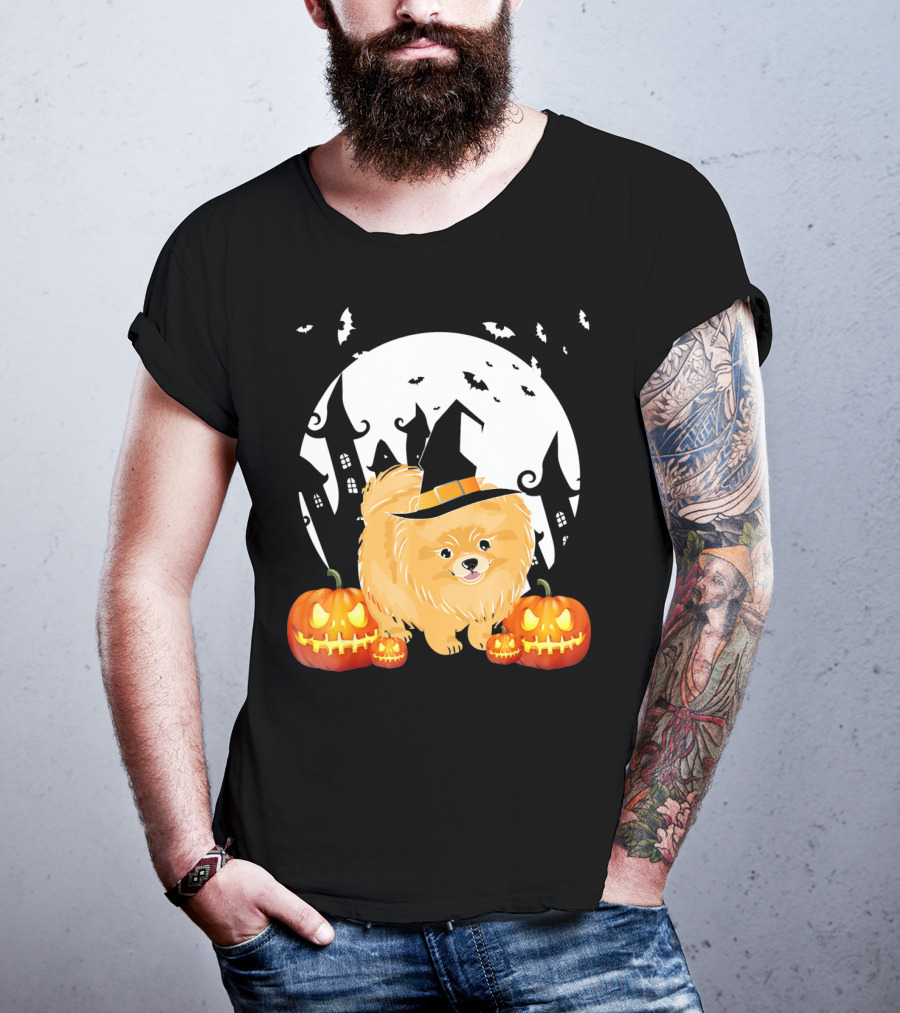 Happy Halloween Little Witch Pomeranian Dog With Pumpkins And Haunted House T-Shirt