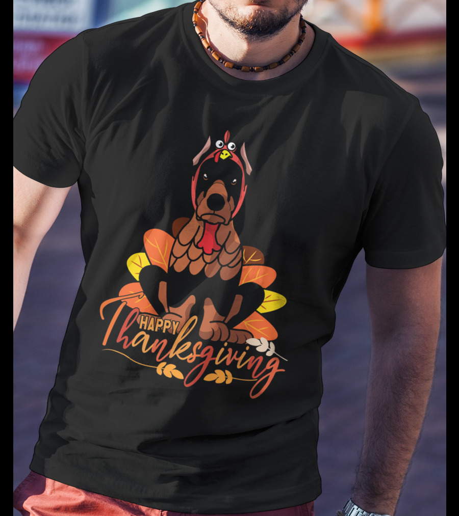 Happy Thanksgiving Doberman Pinscher Turkey Autumn Leaves T-Shirt