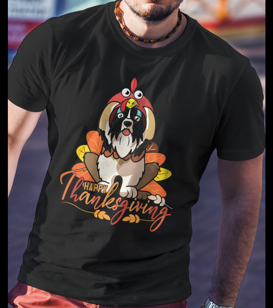 Happy Thanksgiving Shih Tzu In Turkey Costume With Leaves T-Shirt