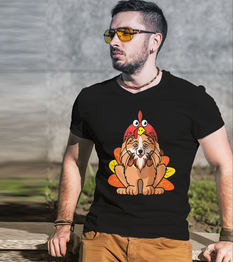 Happy Thanksgiving Pomeranian Turkey Dog With Colorful Feathers T-Shirt