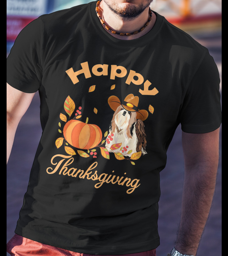 Happy Thanksgiving Shih Tzu Cowboy Pumpkin Leaves T-Shirt