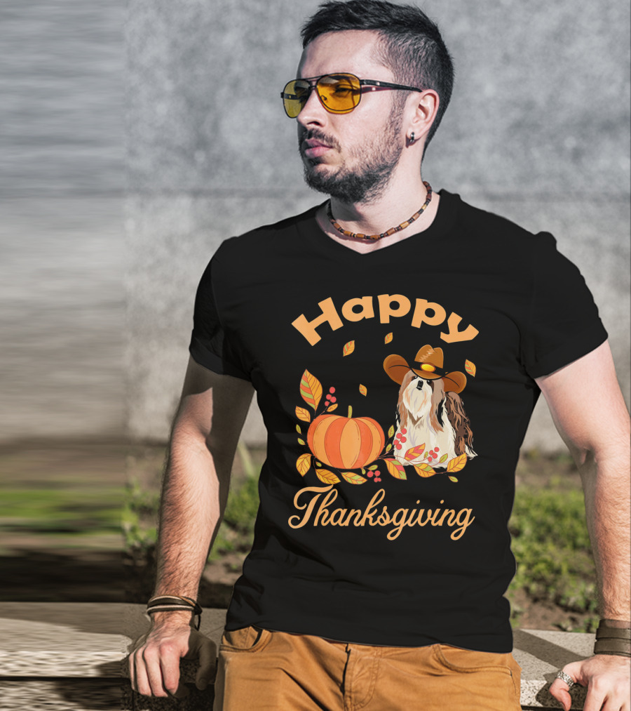 Happy Thanksgiving Shih Tzu Cowboy Pumpkin Leaves T-Shirt