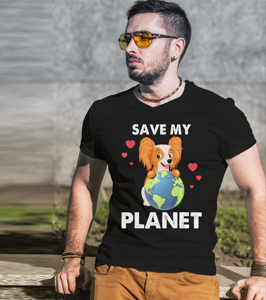 Hearts Papillon Dog Save My Planet Love Earth T-Shirt
