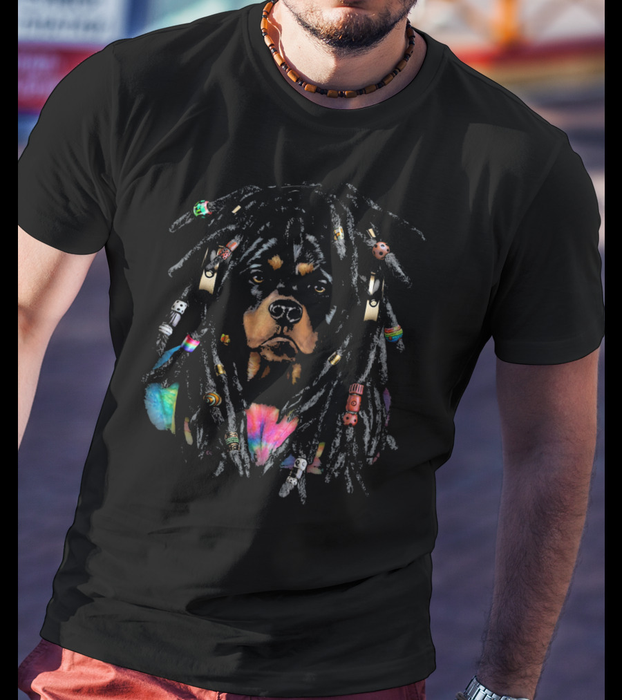Rottweiler Dog With Dreadlocks Wearing Reggae Accessories T-Shirt