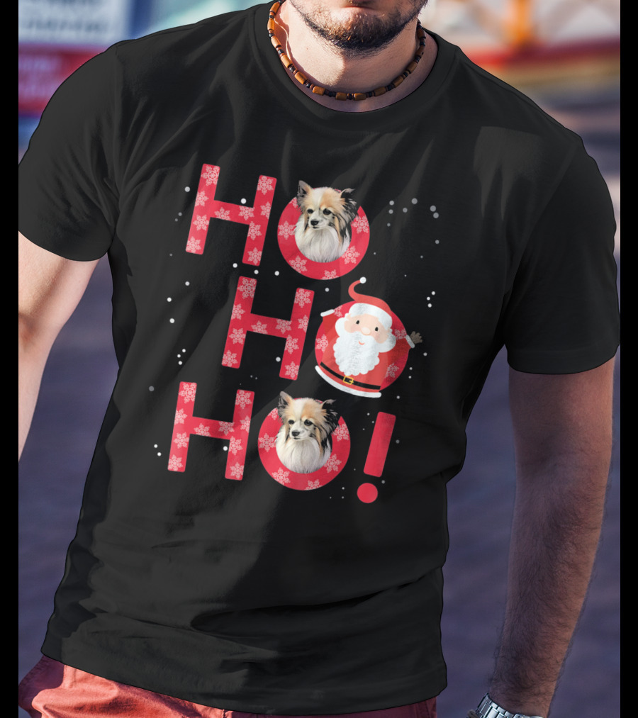 Ho Ho Ho Papillon Dog Santa's Laugh With Snowflakes T-Shirt