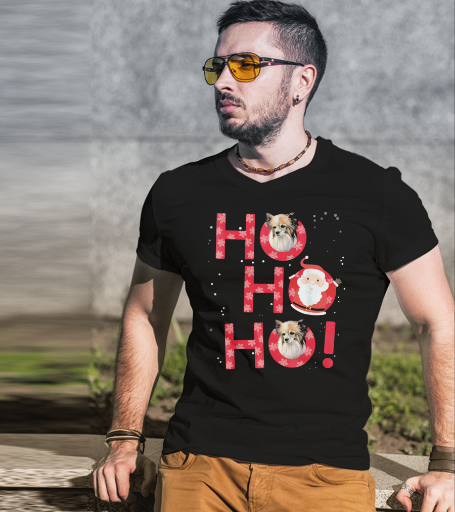Ho Ho Ho Papillon Dog Santa's Laugh With Snowflakes T-Shirt