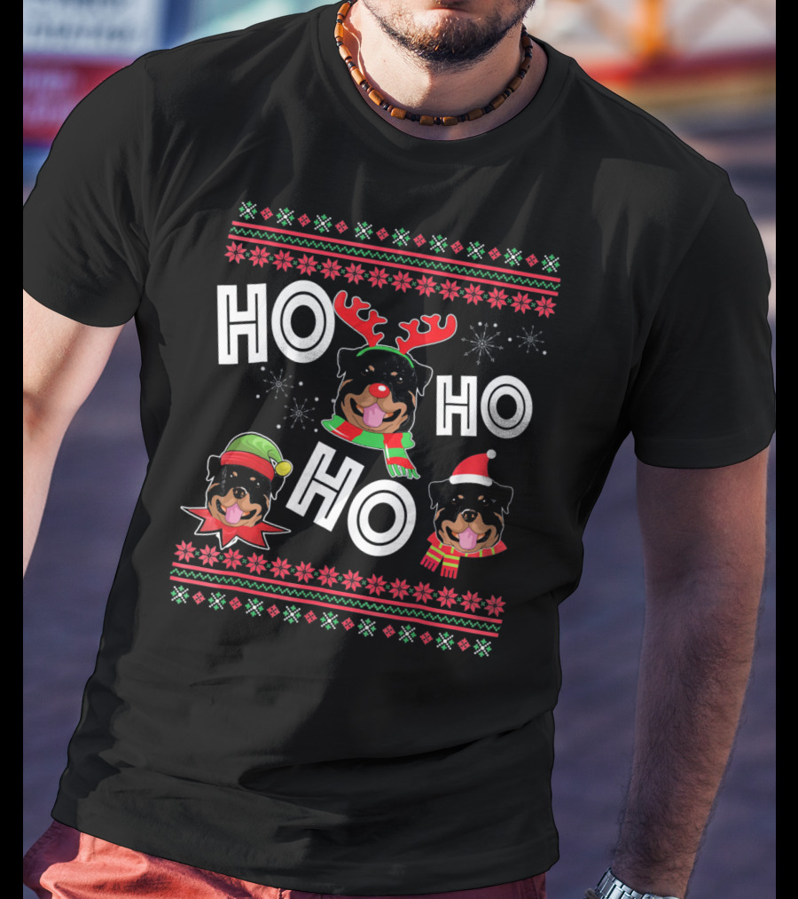 HO HO HO Rottweiler Christmas Reindeer Funny Dog T-Shirt