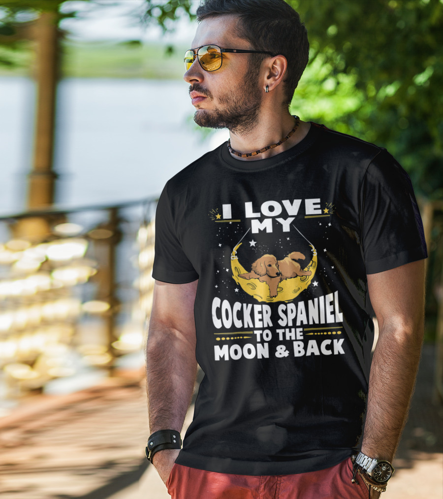 I Love My Cocker Spaniel Relaxing On A Crescent Moon Surrounded By Stars T-Shirt