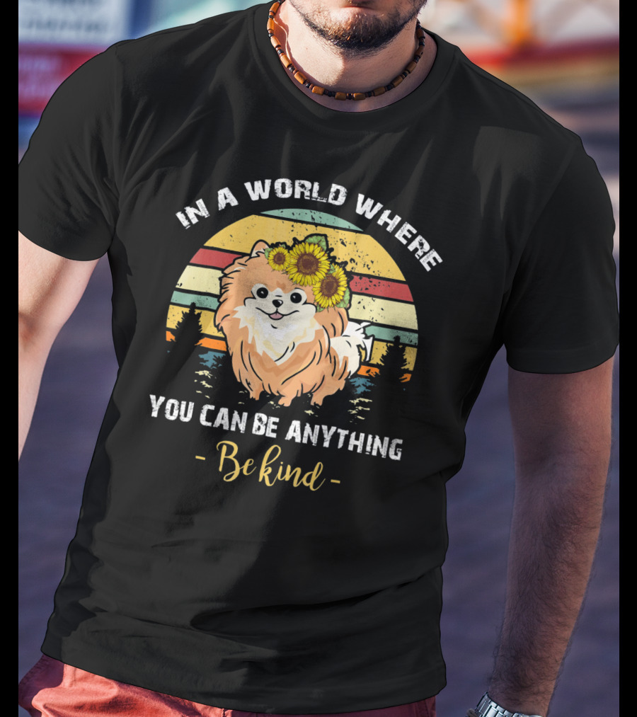In A World Where You Can Be Anything Be Kind Pomeranian Vintage Retro Sunflowers T-Shirt