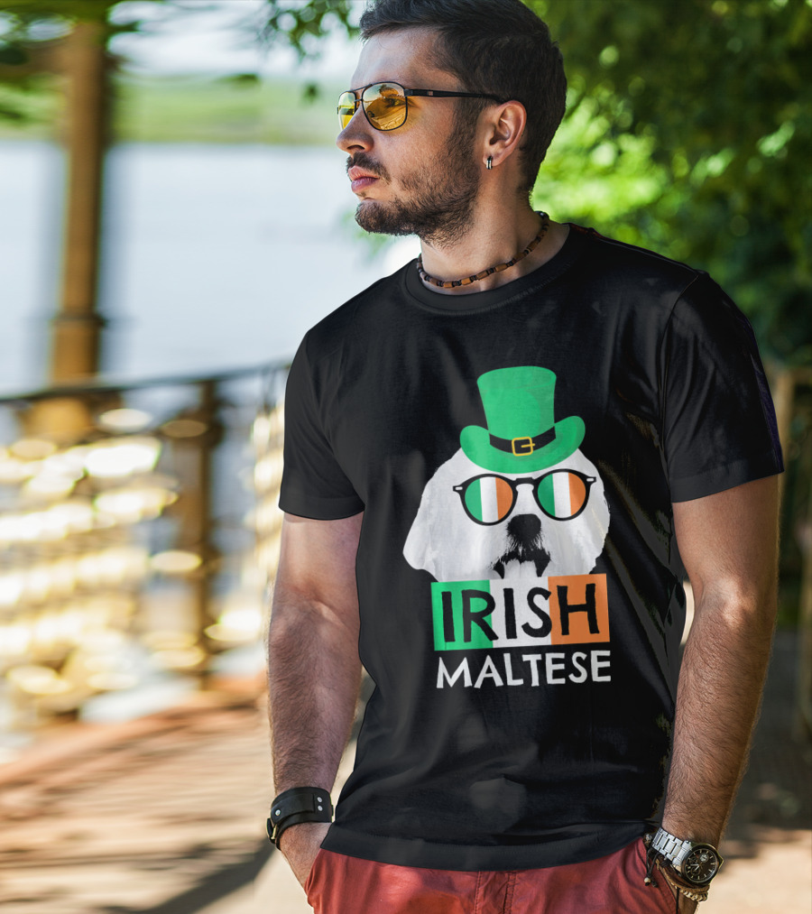 Irish Maltese St Patricks Day Dog Wearing Shamrock Hat And Glasses T-Shirt
