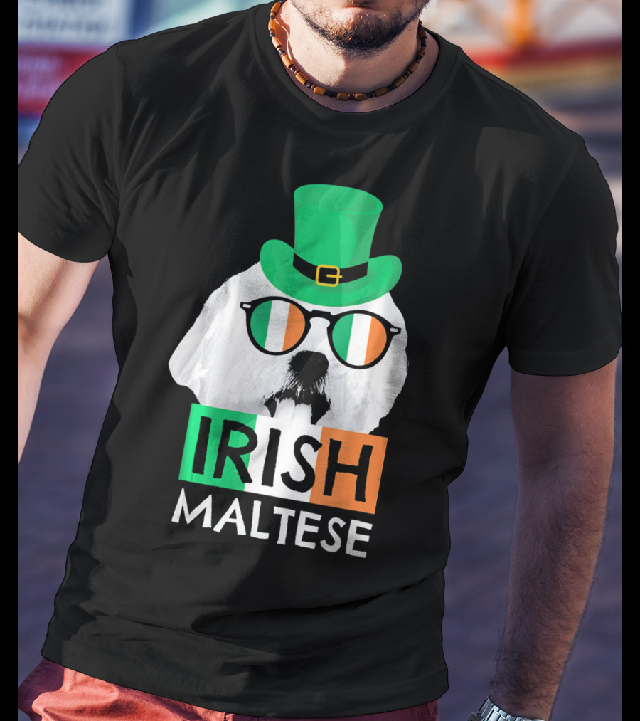 Irish Maltese St Patricks Day Dog Wearing Shamrock Hat And Glasses T-Shirt