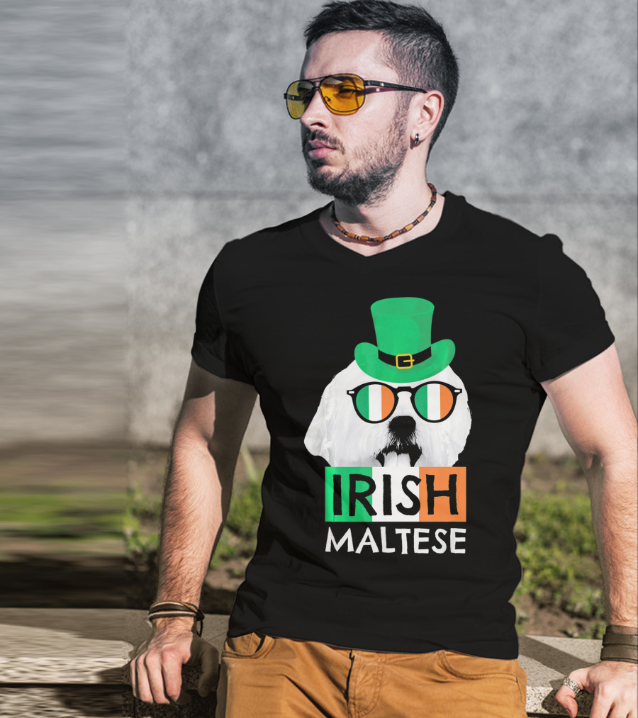 Irish Maltese St Patricks Day Dog Wearing Shamrock Hat And Glasses T-Shirt