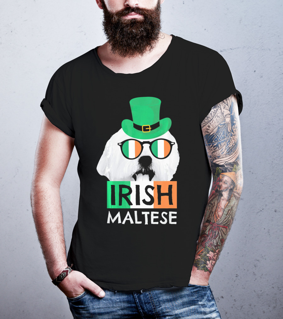 Irish Maltese St Patricks Day Dog Wearing Shamrock Hat And Glasses T-Shirt