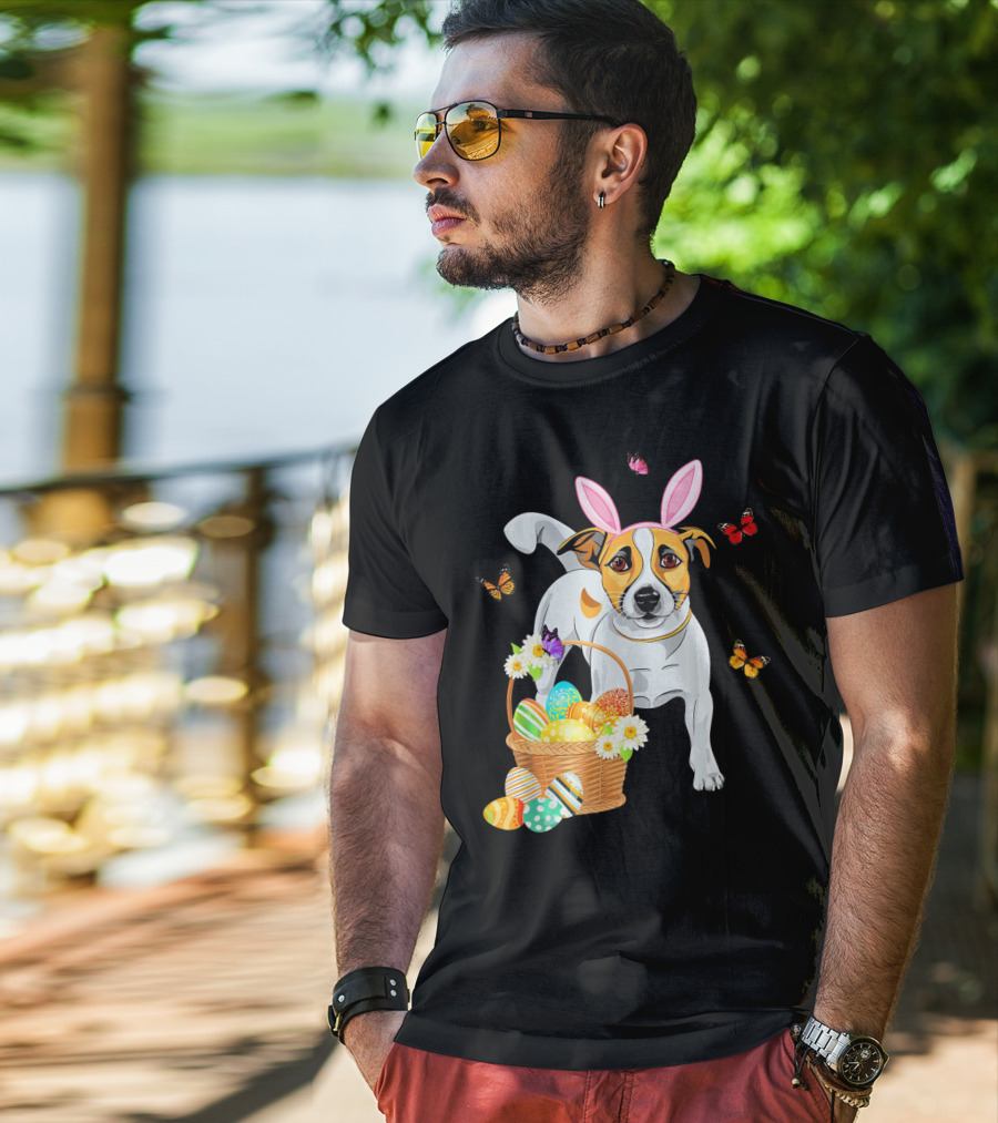 Jack Russell Bunny Hat Easter Eggs Basket Butterflies T-Shirt