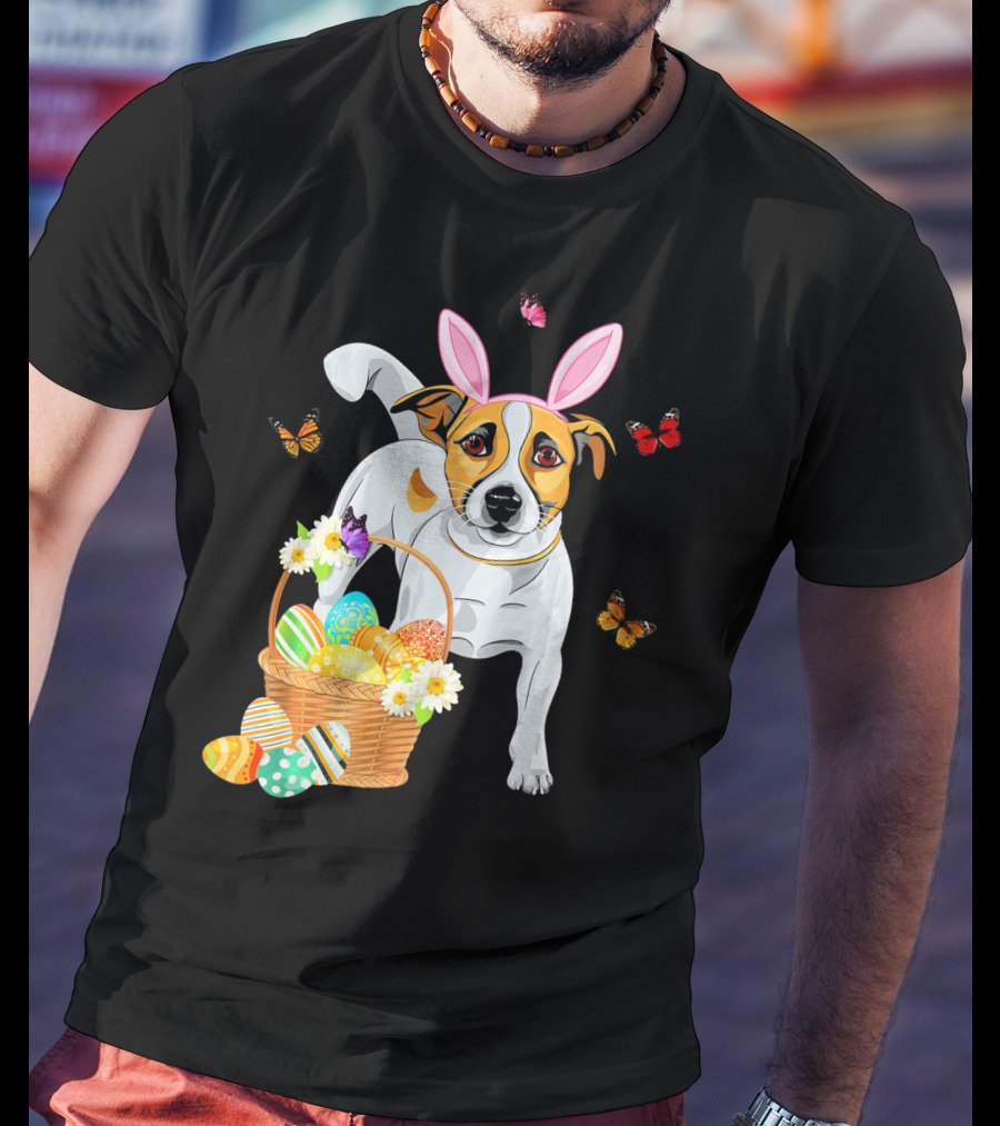 Jack Russell Bunny Hat Easter Eggs Basket Butterflies T-Shirt