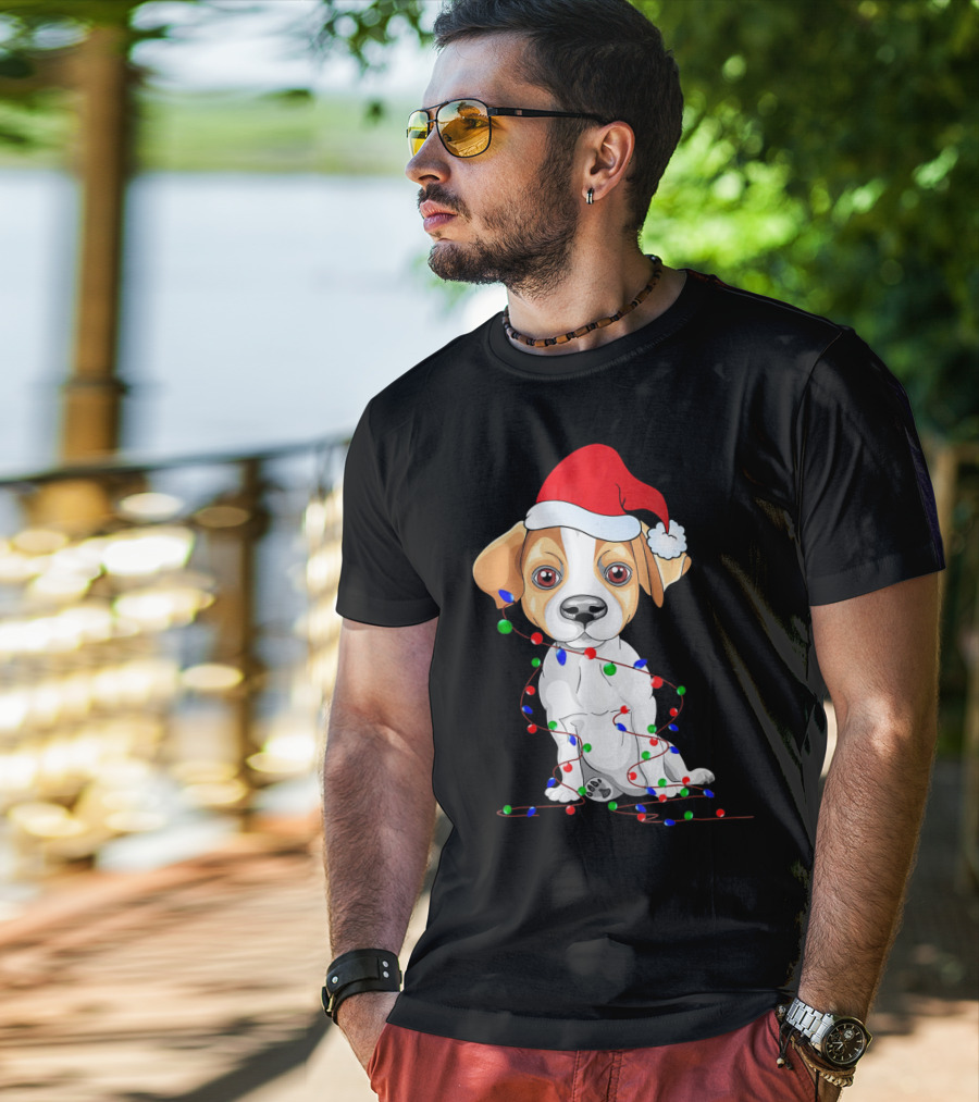 Jack Russell Christmas Lights Decoration Santa Hat T-Shirt
