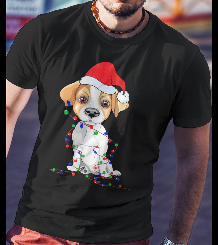 Jack Russell Christmas Lights Decoration Santa Hat T-Shirt