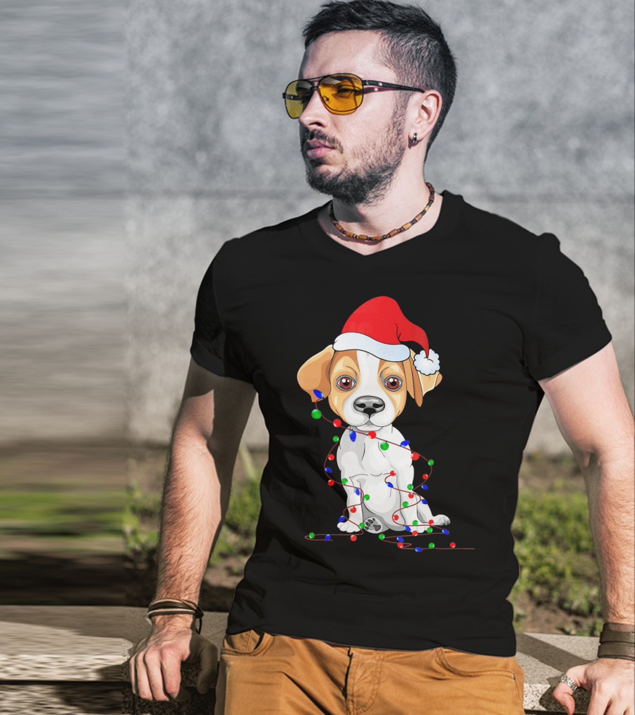 Jack Russell Christmas Lights Decoration Santa Hat T-Shirt