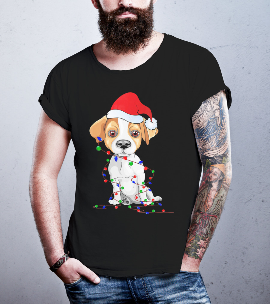 Jack Russell Christmas Lights Decoration Santa Hat T-Shirt