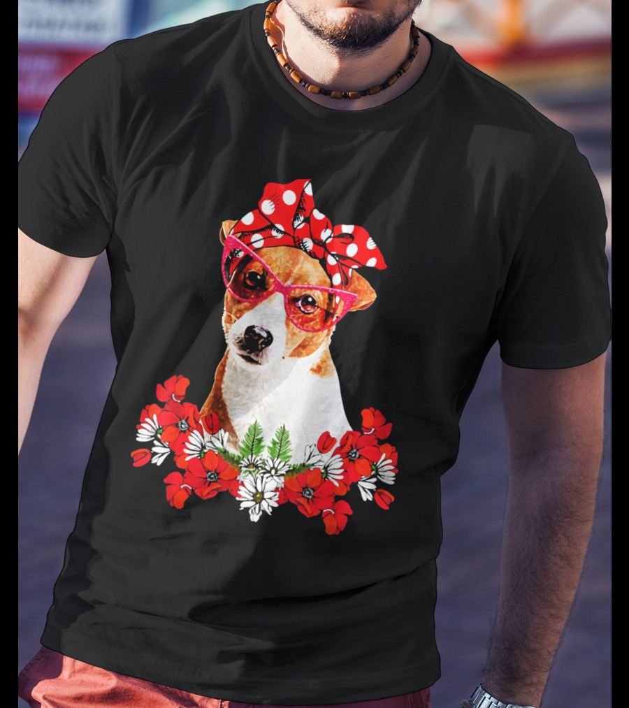 Jack Russell Dog Moms Red Polka Dot Bandana Glasses Mixed Flower Mothers T-Shirt